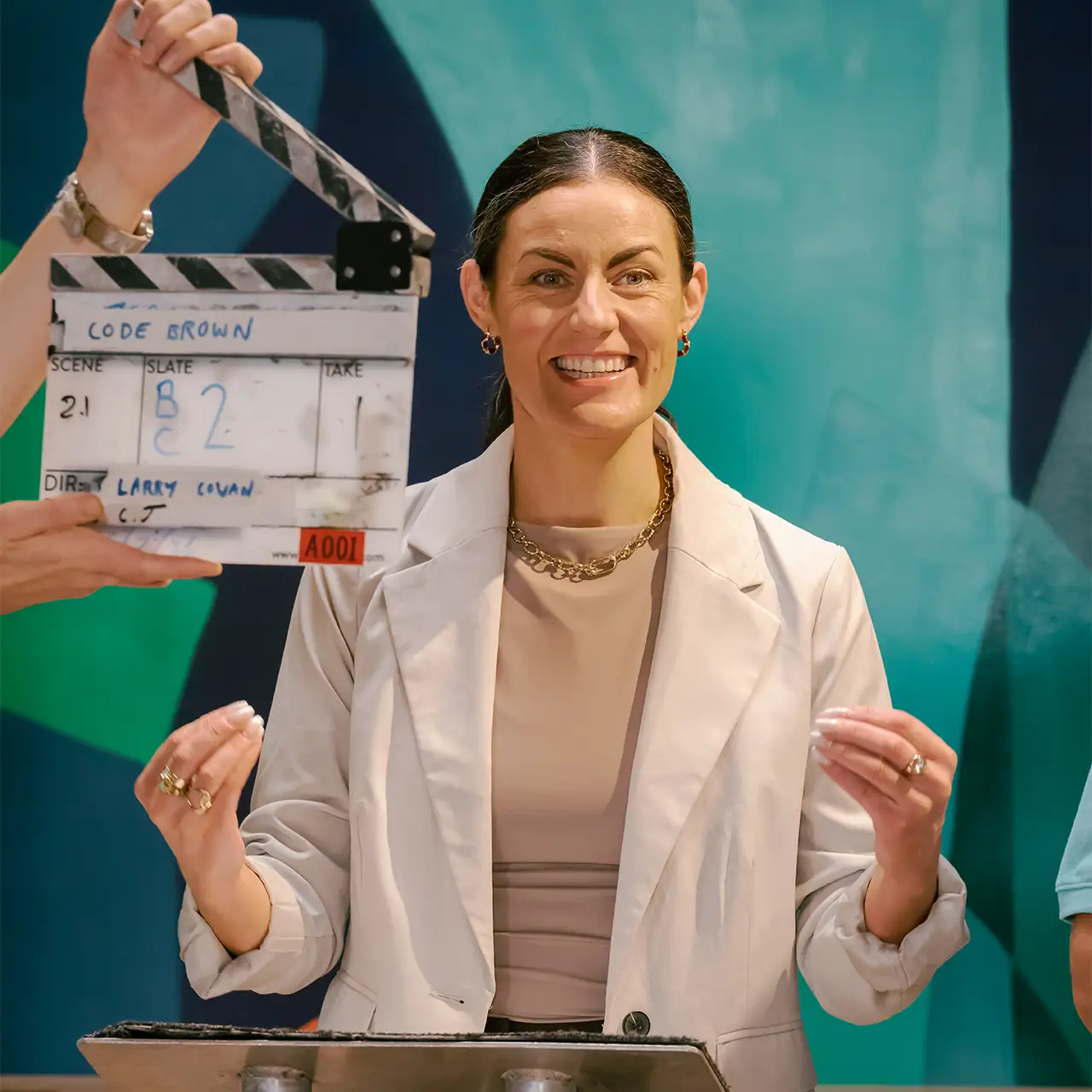 actor Rosie McClelland laughling with the film crew